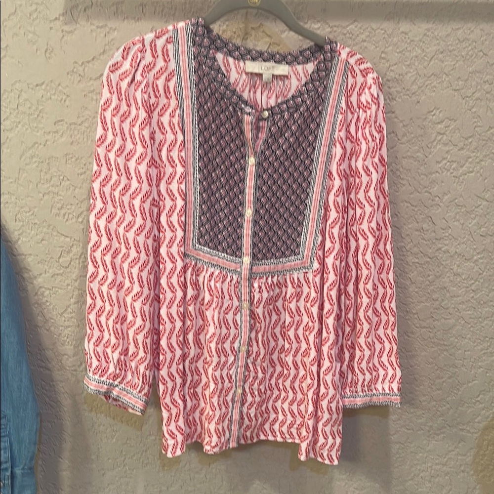 LOFT Pink and Gray Tunic with Bib Collar
